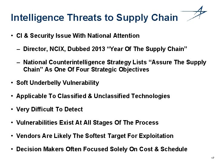 Intelligence Threats to Supply Chain • CI & Security Issue With National Attention –