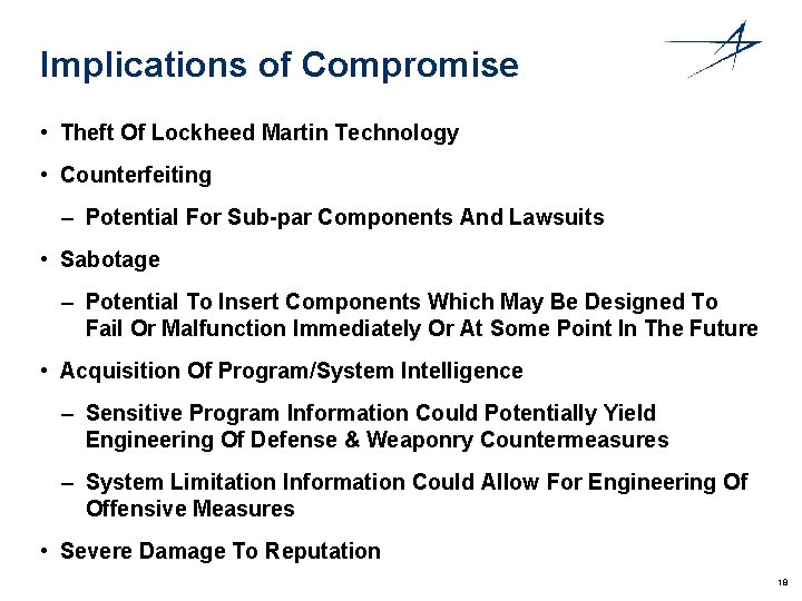 Implications of Compromise • Theft Of Lockheed Martin Technology • Counterfeiting – Potential For