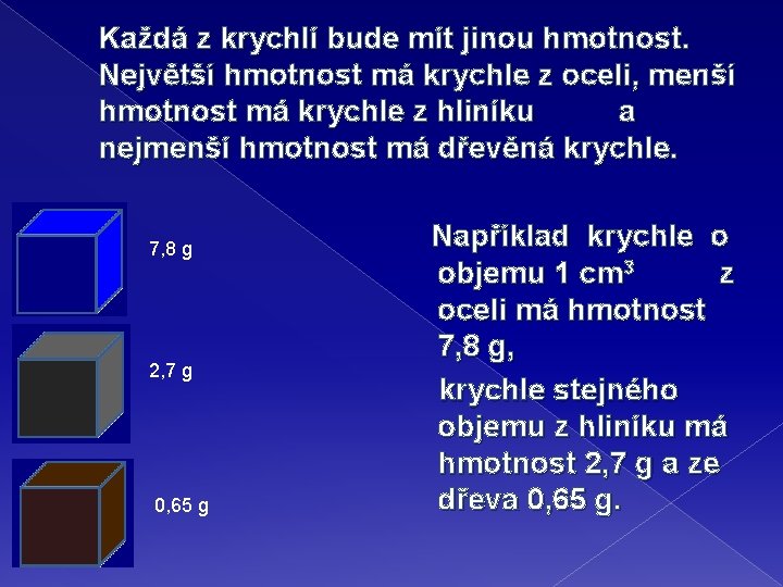 Každá z krychlí bude mít jinou hmotnost. Největší hmotnost má krychle z oceli, menší