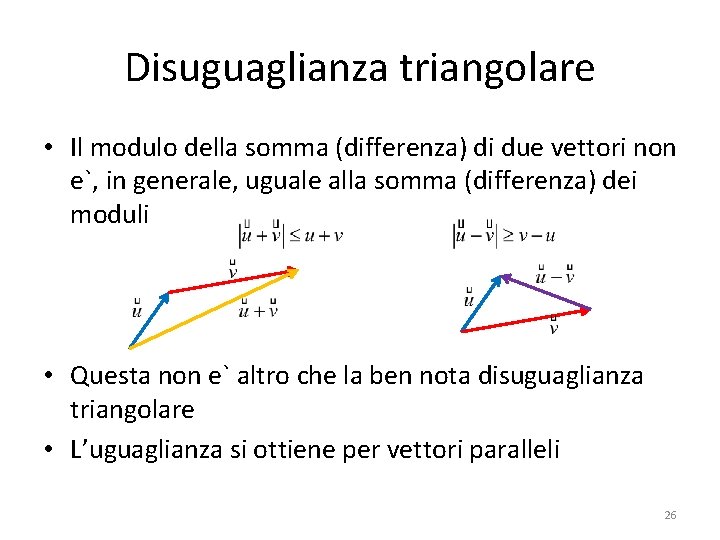 Disuguaglianza triangolare • Il modulo della somma (differenza) di due vettori non e`, in