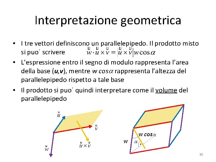 Interpretazione geometrica • I tre vettori definiscono un parallelepipedo. Il prodotto misto si puo`