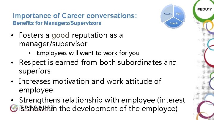 Importance of Career conversations: Benefits for Managers/Supervisors Assess Plan Coach • Fosters a good Importance of Career conversations: Benefits for Managers/Supervisors Assess Plan Coach • Fosters a good