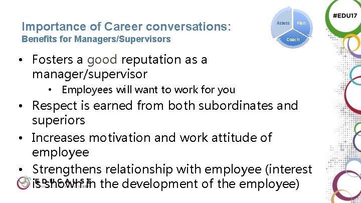 Importance of Career conversations: Benefits for Managers/Supervisors Assess Plan Coach • Fosters a good