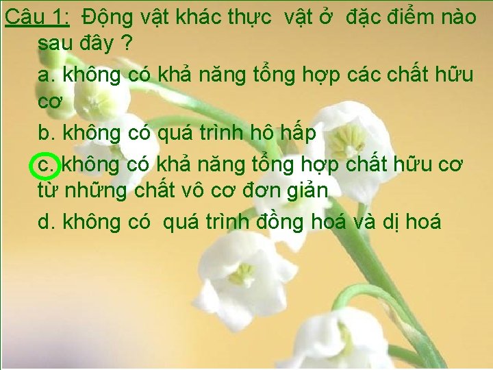 Câu 1: Động vật khác thực vật ở đặc điểm nào sau đây ?