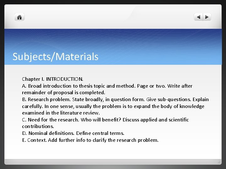 Subjects/Materials Chapter I. INTRODUCTION. A. Broad introduction to thesis topic and method. Page or Subjects/Materials Chapter I. INTRODUCTION. A. Broad introduction to thesis topic and method. Page or