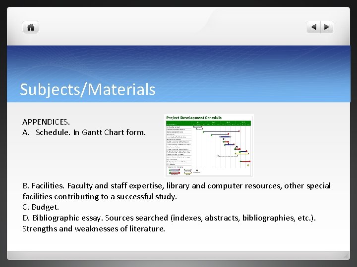 Subjects/Materials APPENDICES. A. Schedule. In Gantt Chart form. B. Facilities. Faculty and staff expertise, Subjects/Materials APPENDICES. A. Schedule. In Gantt Chart form. B. Facilities. Faculty and staff expertise,