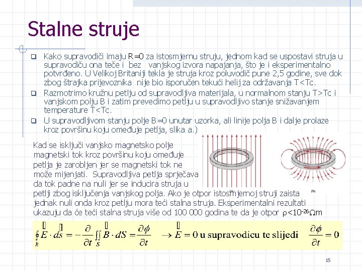 Stalne struje Kako supravodiči imaju R=0 za istosmjernu struju, jednom kad se uspostavi struja