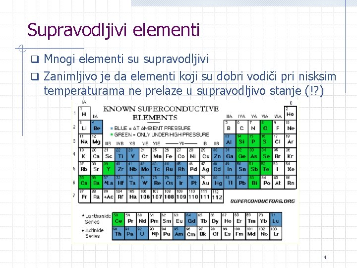 Supravodljivi elementi q Mnogi elementi su supravodljivi q Zanimljivo je da elementi koji su