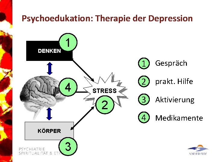 Psychoedukation: Therapie der Depression DENKEN 1 1 Gespräch 4 2 prakt. Hilfe STRESS 2