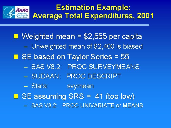 Estimation Example: Average Total Expenditures, 2001 n Weighted mean = $2, 555 per capita