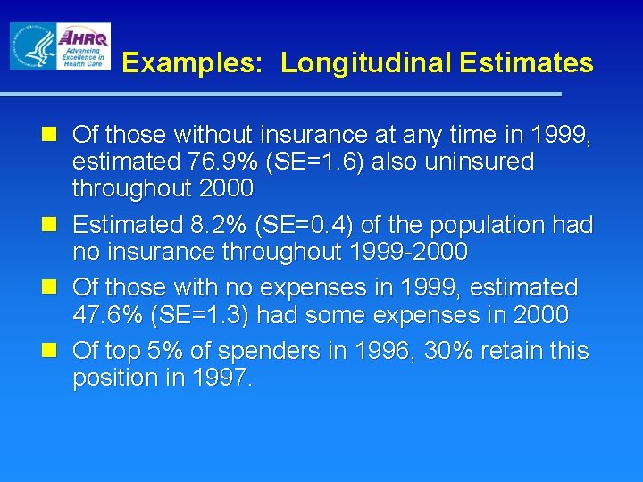 Examples: Longitudinal Estimates n Of those without insurance at any time in 1999, estimated