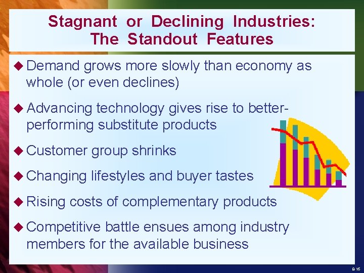 Stagnant or Declining Industries: The Standout Features u Demand grows more slowly than economy