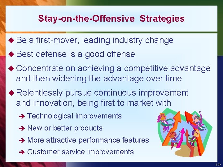 Stay-on-the-Offensive Strategies u Be a first-mover, leading industry change u Best defense is a