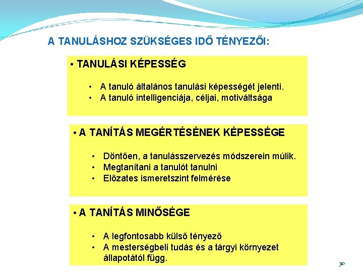 A TANULÁSHOZ SZÜKSÉGES IDŐ TÉNYEZŐI: • TANULÁSI KÉPESSÉG • A tanuló általános tanulási képességét