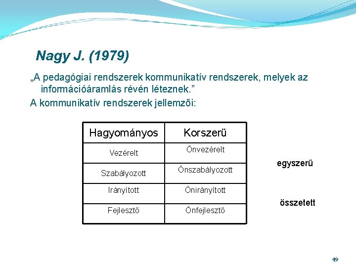 Nagy J. (1979) „A pedagógiai rendszerek kommunikatív rendszerek, melyek az információáramlás révén léteznek. ”