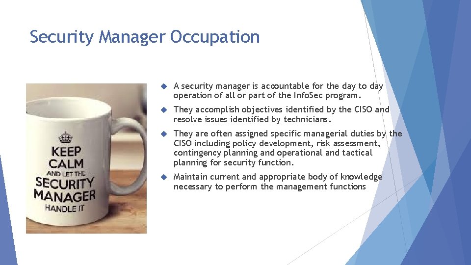 Security Manager Occupation A security manager is accountable for the day to day operation