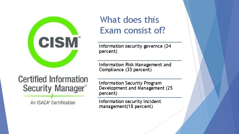 What does this Exam consist of? Information security governce (24 percent) Information Risk Management