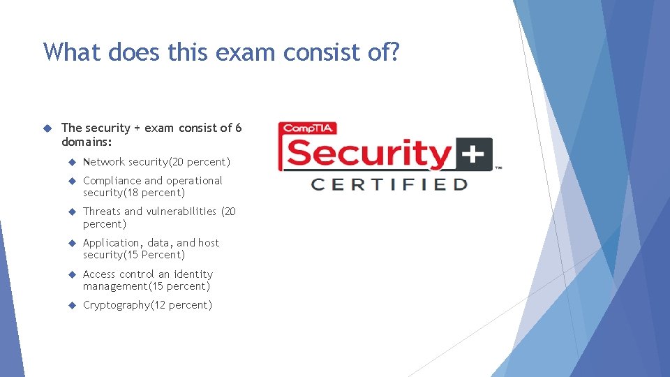 What does this exam consist of? The security + exam consist of 6 domains: