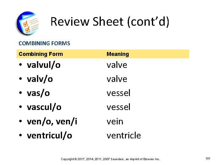 Review Sheet (cont’d) COMBINING FORMS Combining Form • • • valvul/o valv/o vascul/o ven/o,