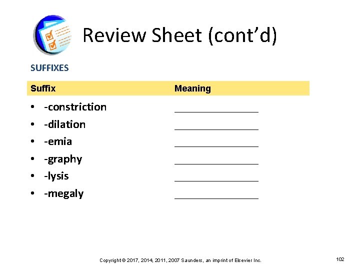 Review Sheet (cont’d) SUFFIXES Suffix • • • Meaning -constriction -dilation -emia -graphy -lysis