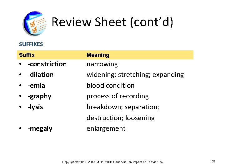 Review Sheet (cont’d) SUFFIXES Suffix • • • Meaning -constriction -dilation -emia -graphy -lysis