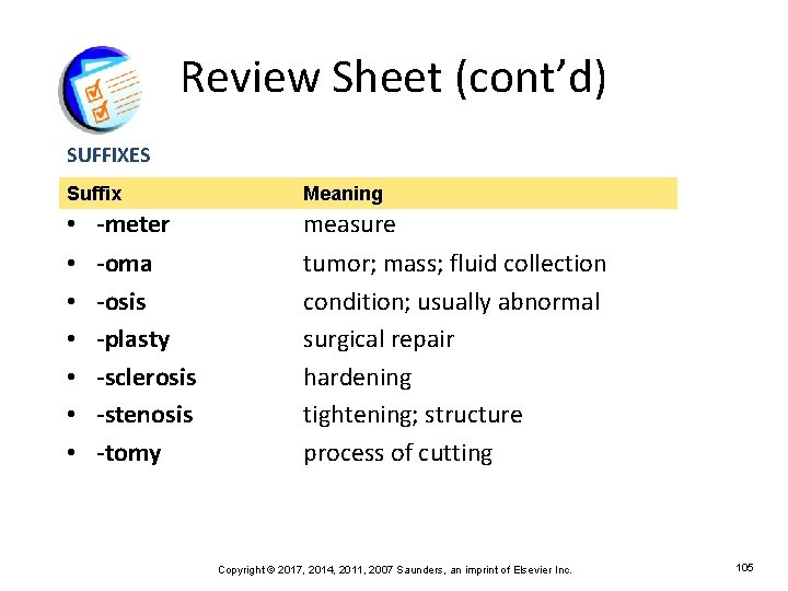 Review Sheet (cont’d) SUFFIXES Suffix • • Meaning -meter measure -oma -osis -plasty -sclerosis