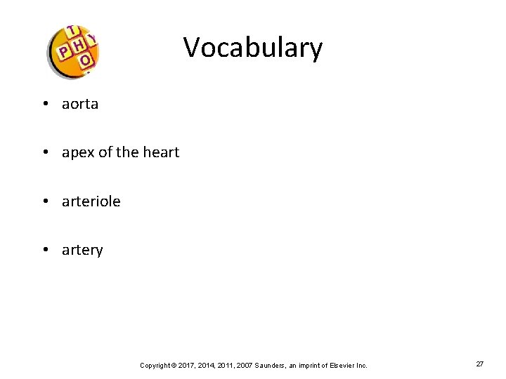 Vocabulary • aorta • apex of the heart • arteriole • artery Copyright ©