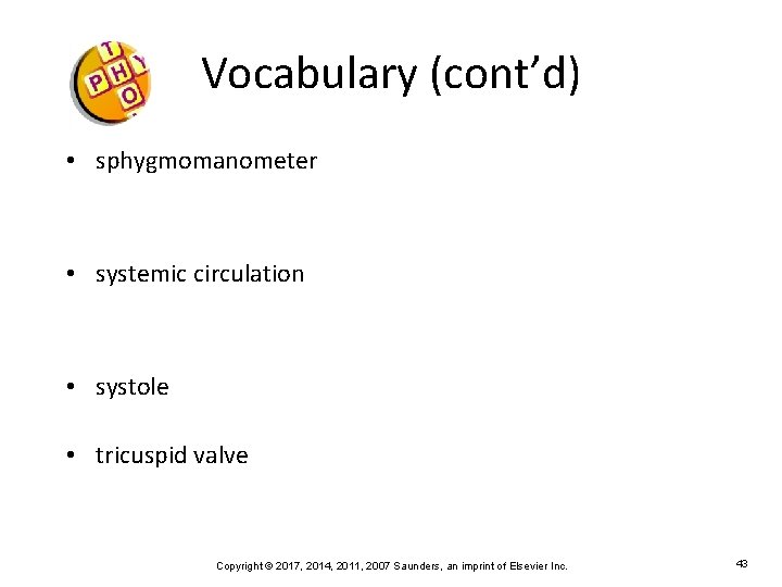 Vocabulary (cont’d) • sphygmomanometer • systemic circulation • systole • tricuspid valve Copyright ©