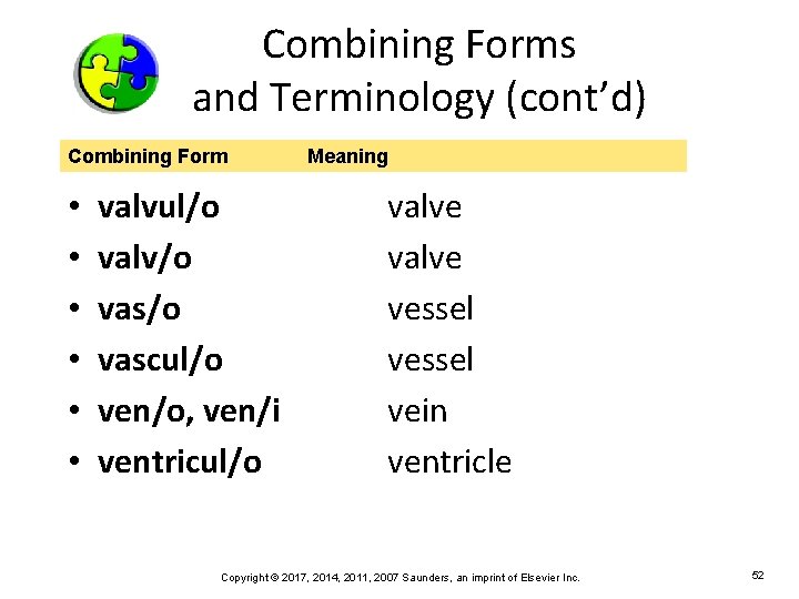 Combining Forms and Terminology (cont’d) Combining Form • • • valvul/o valv/o vascul/o ven/o,