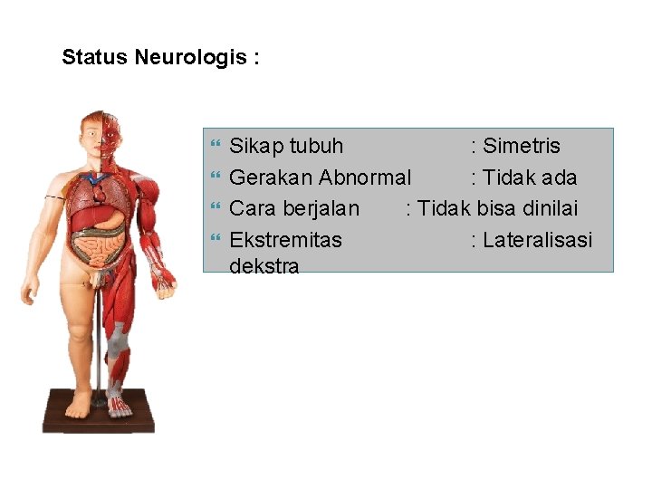 Status Neurologis : Sikap tubuh : Simetris Gerakan Abnormal : Tidak ada Cara berjalan