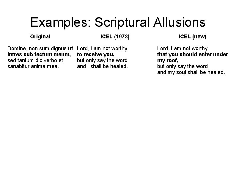 Examples: Scriptural Allusions Original Domine, non sum dignus ut intres sub tectum meum, sed