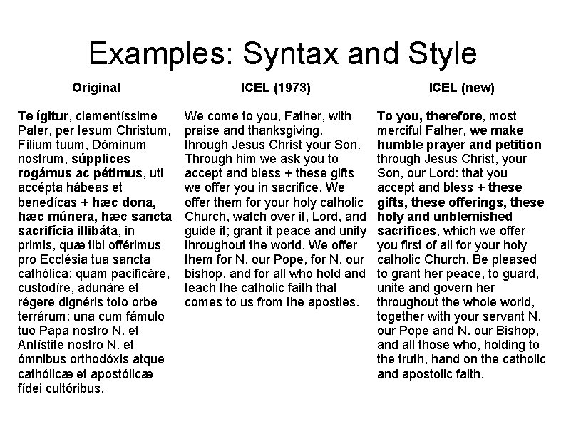 Examples: Syntax and Style Original ICEL (1973) ICEL (new) Te ígitur, clementíssime Pater, per