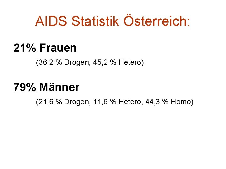 AIDS Statistik Österreich: 21% Frauen (36, 2 % Drogen, 45, 2 % Hetero) 79%
