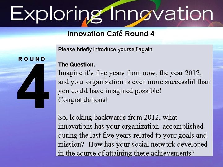 Innovation Café Round 4 4 ROUND Please briefly introduce yourself again. The Question. Imagine
