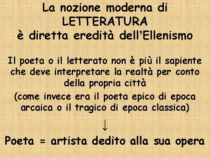 La nozione moderna di LETTERATURA è diretta eredità dell’Ellenismo Il poeta o il letterato