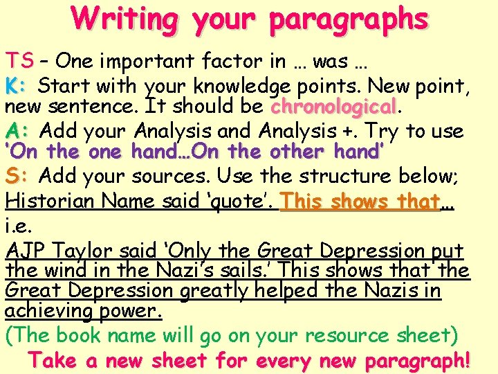 Writing your paragraphs TS – One important factor in … was … K: Start