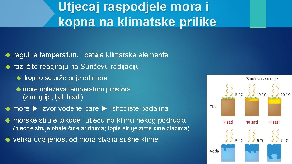 Utjecaj raspodjele mora i kopna na klimatske prilike regulira temperaturu i ostale klimatske elemente
