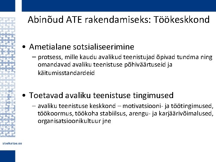 Abinõud ATE rakendamiseks: Töökeskkond • Ametialane sotsialiseerimine – protsess, mille kaudu avalikud teenistujad õpivad