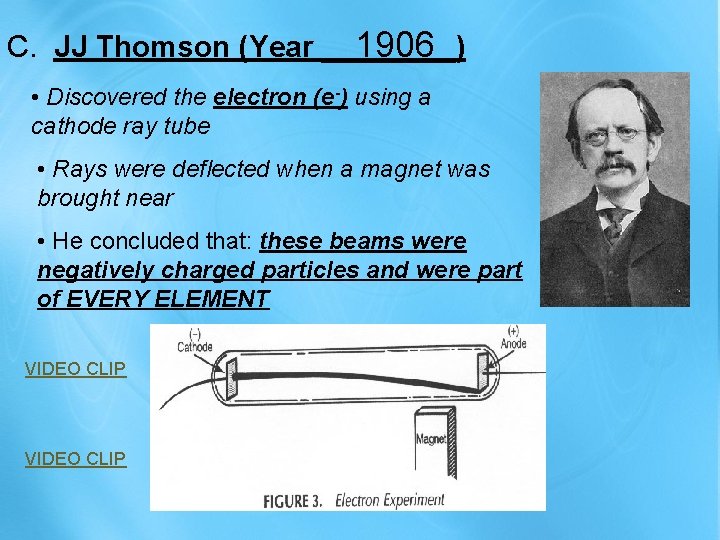 1906 C. JJ Thomson (Year ____) • Discovered the electron (e-) using a cathode