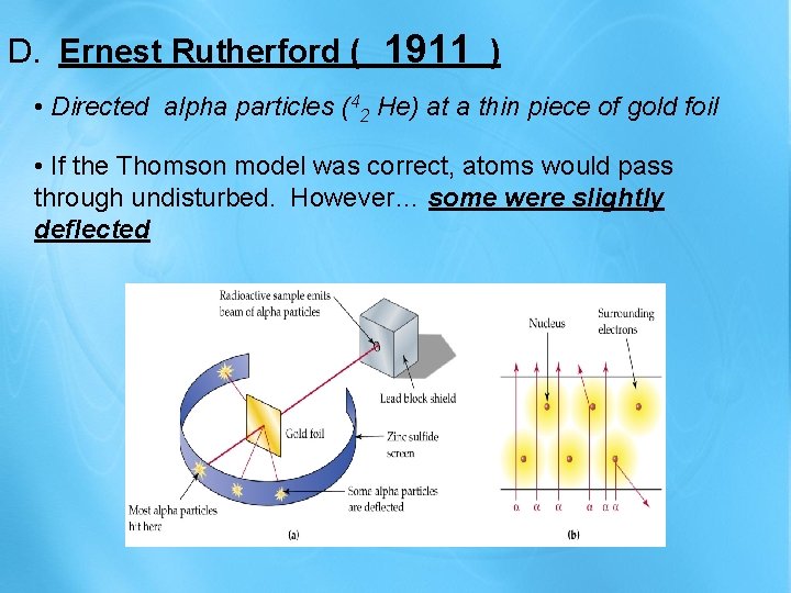 1911 D. Ernest Rutherford ( ) • Directed alpha particles (42 He) at a