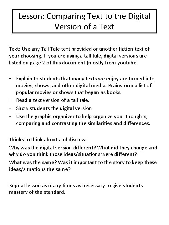 Lesson: Comparing Text to the Digital Version of a Text: Use any Tall Tale