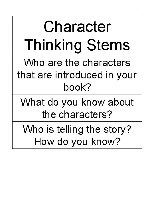 Character Thinking Stems Who are the characters that are introduced in your book? What