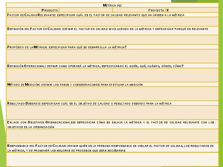MÉTRICA DE: PRODUCTO PROYECTO X FACTOR DE CALIDAD RELEVANTE: ESPECIFICAR CUÁL ES EL FACTOR