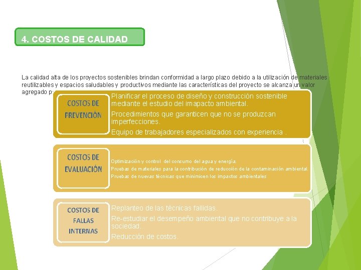 4. COSTOS DE CALIDAD La calidad alta de los proyectos sostenibles brindan conformidad a