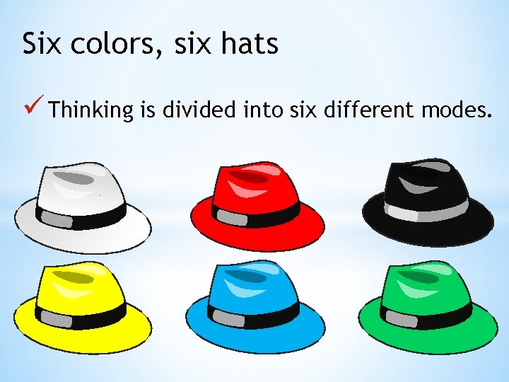 Six colors, six hats ü Thinking is divided into six different modes. 