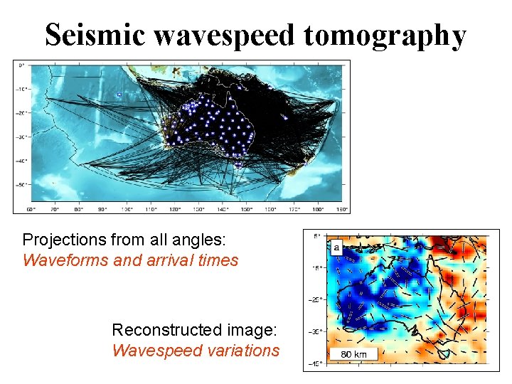 Seismic wavespeed tomography Projections from all angles: Waveforms and arrival times Reconstructed image: Wavespeed Seismic wavespeed tomography Projections from all angles: Waveforms and arrival times Reconstructed image: Wavespeed