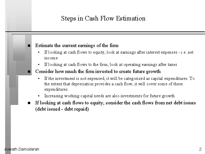 Steps in Cash Flow Estimation Estimate the current earnings of the firm • •