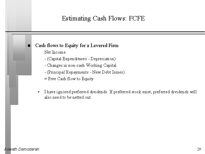 Estimating Cash Flows: FCFE Cash flows to Equity for a Levered Firm Net Income