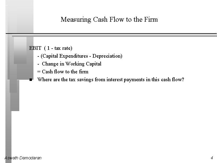 Measuring Cash Flow to the Firm EBIT ( 1 - tax rate) - (Capital