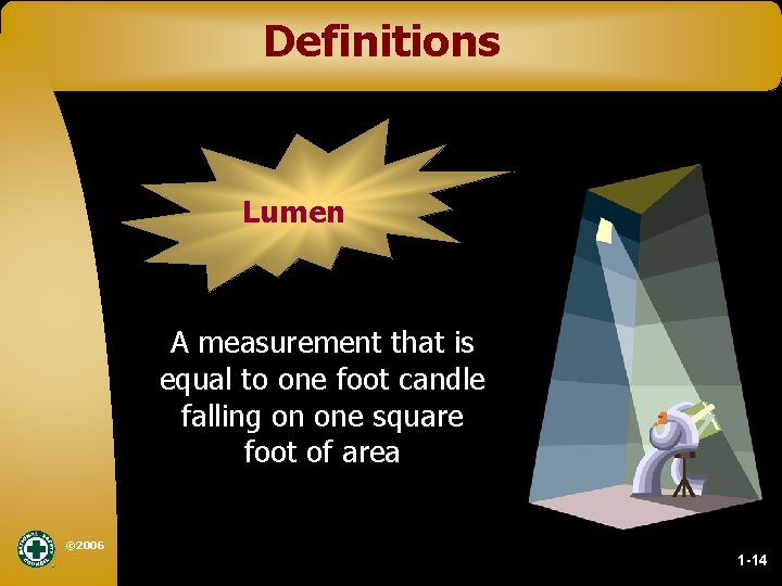 Definitions Lumen A measurement that is equal to one foot candle falling on one